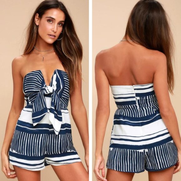 Lulus Pants - Lulu's Delphi Striped Tie-Front Strapless Romper